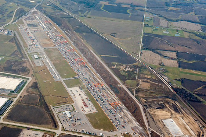 An aerial of Logistics Park Kansas City, one of three on the BNSF network